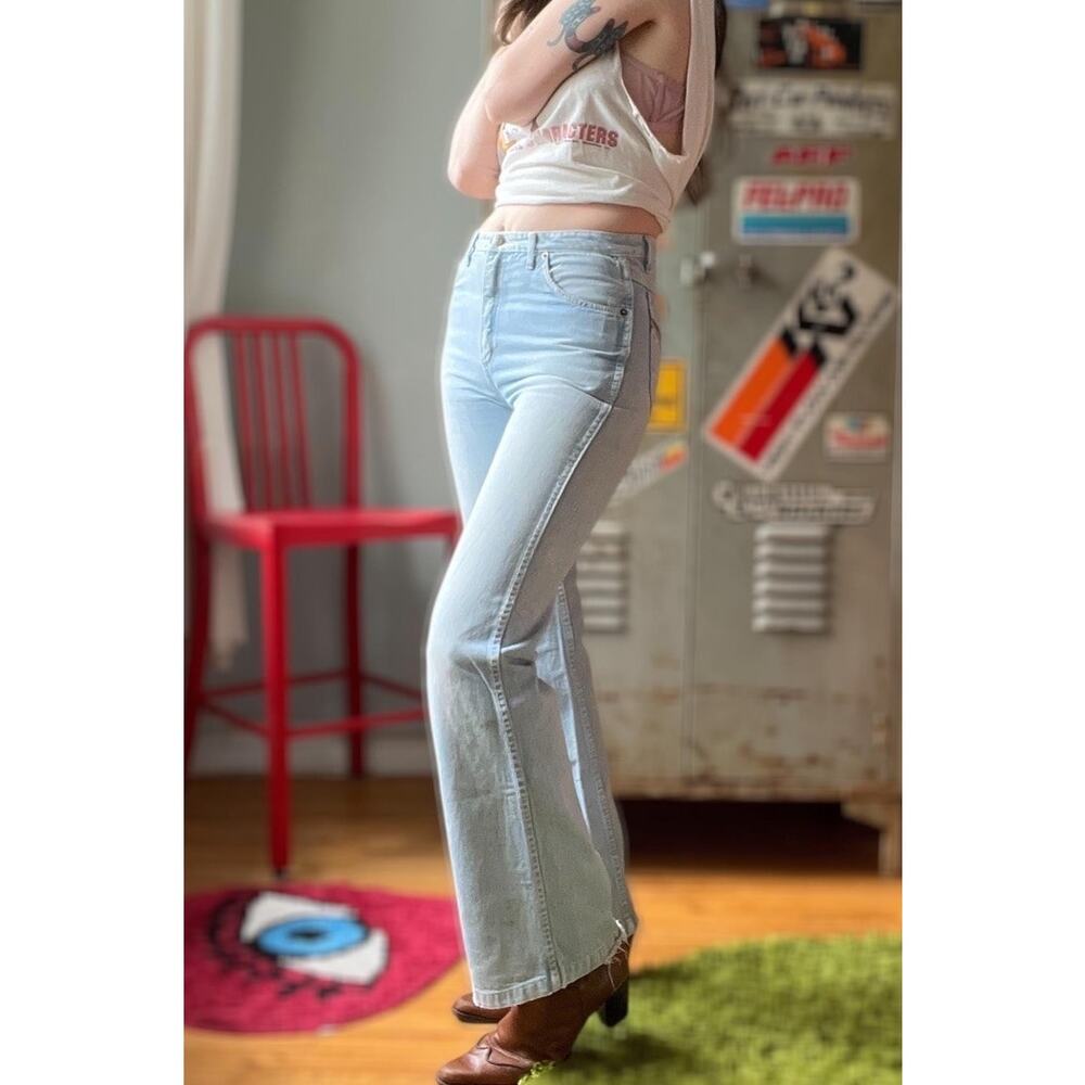 Vintage 70s Flare Jeans | Light Wash Slim Fit Denim Distressed Leather trim |28" - Picture 2 of 8